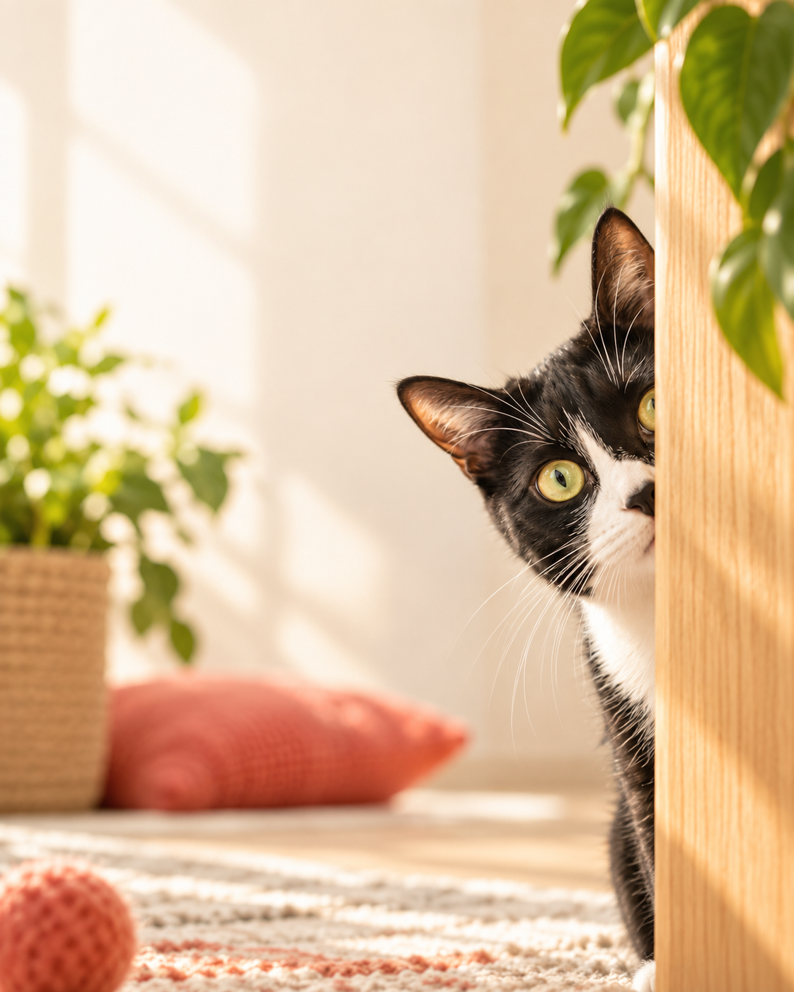 A black-and-white cat peeking from behind warm wooden furniture